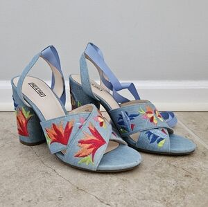 Embroidered Light Blue Denim Block Heel Sandals